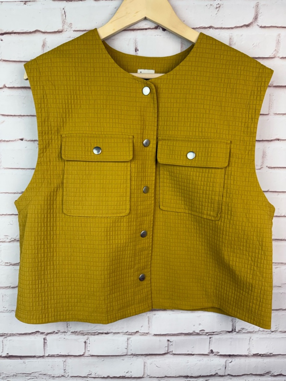 Textured Mustard Button-Front Vest with Patch Pockets